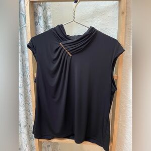 Calvin Klein Black Gathered High Neck Sleeveless Top, Size L Back Zipper